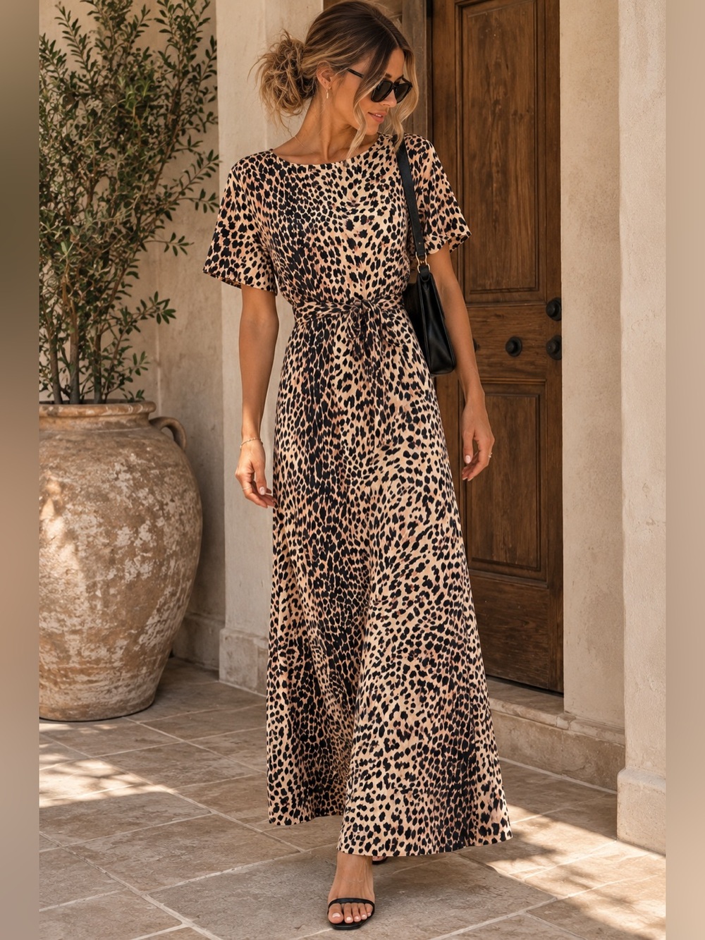 Vintage Connie Choi Leopard Print Maxi Dress Made USA Tie Waist
